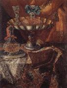 unknow artist Still life of a wine glass and bottle in a parcel gilt tazza together with a glass decanter on a pewter dish upon a draped tabletop painting